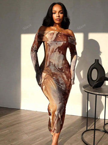 Sexy & Fashionable Digital Print Off Shoulder Bodycon Mini Dress, Spring/Autumn