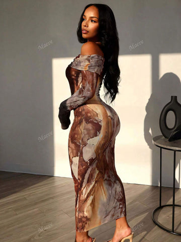 Sexy & Fashionable Digital Print Off Shoulder Bodycon Mini Dress, Spring/Autumn