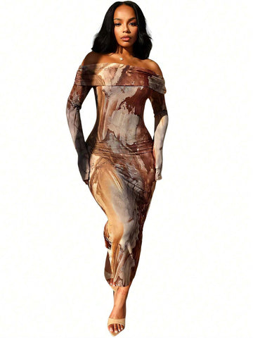 Sexy & Fashionable Digital Print Off Shoulder Bodycon Mini Dress, Spring/Autumn
