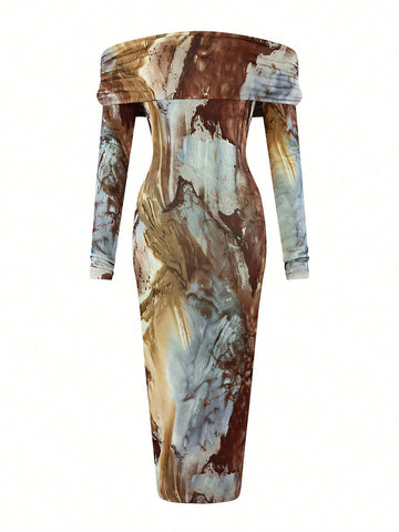 Sexy & Fashionable Digital Print Off Shoulder Bodycon Mini Dress, Spring/Autumn