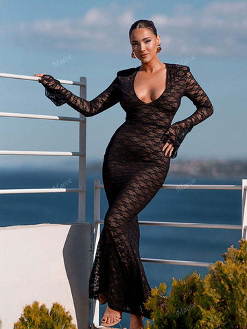 Sexy & Fashionable Lace Patchwork Deep V-Neck Bodycon Dress