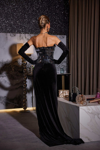 Shane Strapless Acrylic Velvet Maxi Dress
