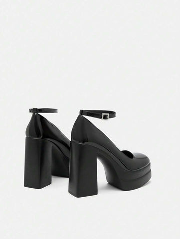 Elegant Black Ankle Strap Pumps For Women, Rhinestone Buckle Decor Platform Chunky Heel