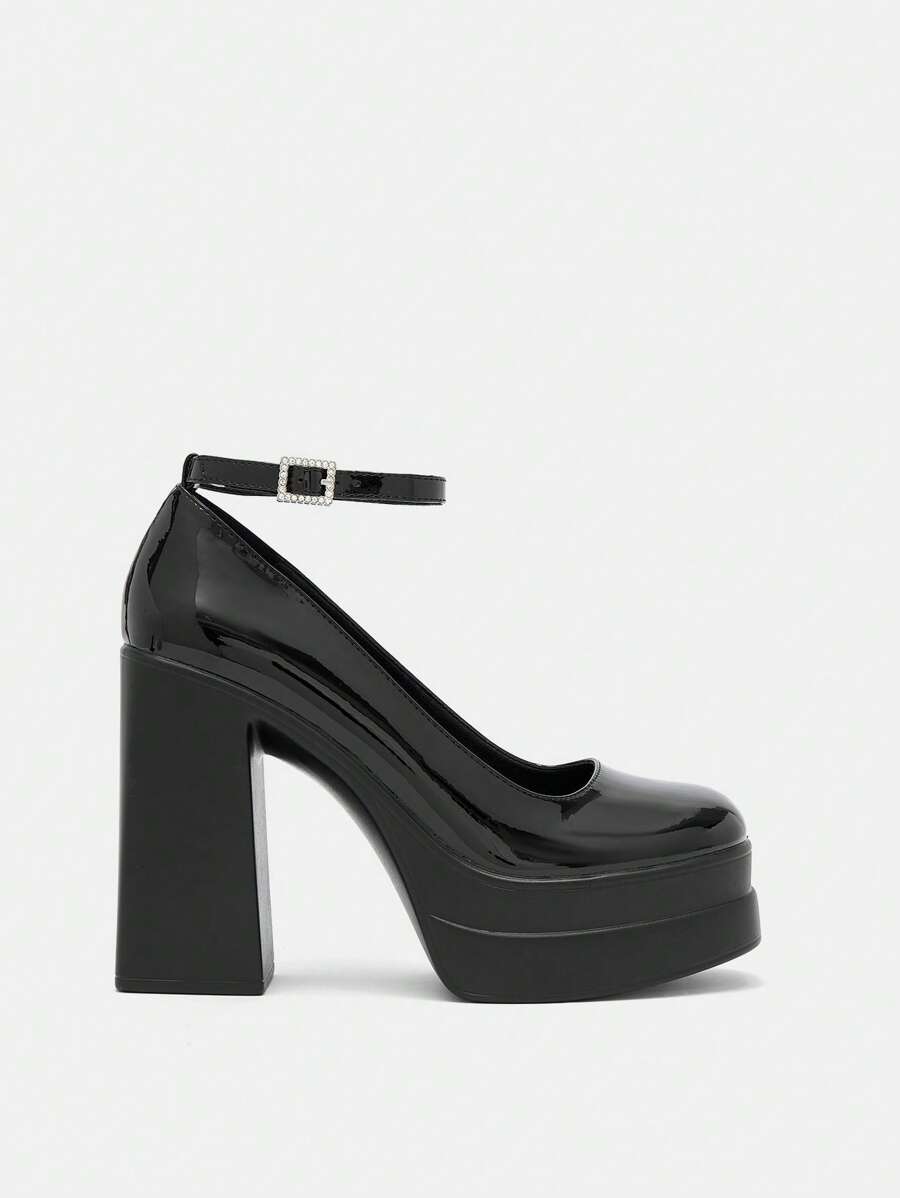 Elegant Black Ankle Strap Pumps For Women, Rhinestone Buckle Decor Platform Chunky Heel