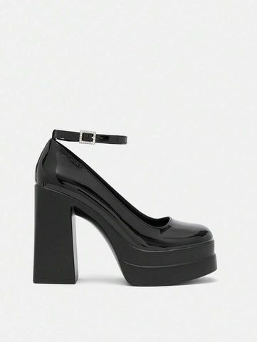 Elegant Black Ankle Strap Pumps For Women, Rhinestone Buckle Decor Platform Chunky Heel