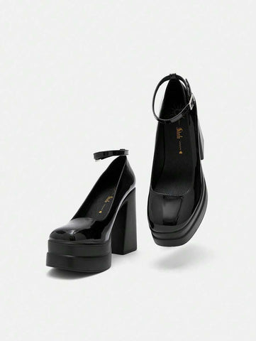 Elegant Black Ankle Strap Pumps For Women, Rhinestone Buckle Decor Platform Chunky Heel