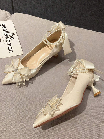 Shiny Pearl One-Word Anklet Clip Elegant Mary Jane Shoes Bowknot Fresh Design Women's High Heels Slip-On