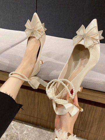 Shiny Pearl One-Word Anklet Clip Elegant Mary Jane Shoes Bowknot Fresh Design Women's High Heels Slip-On