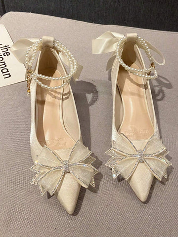 Shiny Pearl One-Word Anklet Clip Elegant Mary Jane Shoes Bowknot Fresh Design Women's High Heels Slip-On