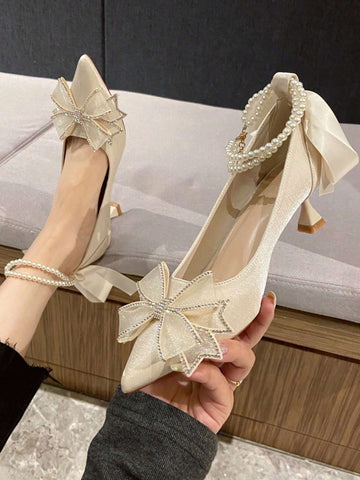Shiny Pearl One-Word Anklet Clip Elegant Mary Jane Shoes Bowknot Fresh Design Women's High Heels Slip-On