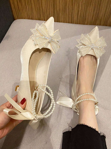 Shiny Pearl One-Word Anklet Clip Elegant Mary Jane Shoes Bowknot Fresh Design Women's High Heels Slip-On