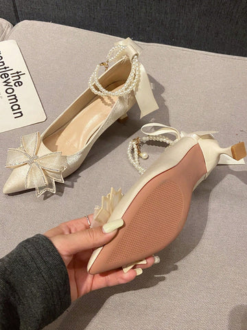 Shiny Pearl One-Word Anklet Clip Elegant Mary Jane Shoes Bowknot Fresh Design Women's High Heels Slip-On