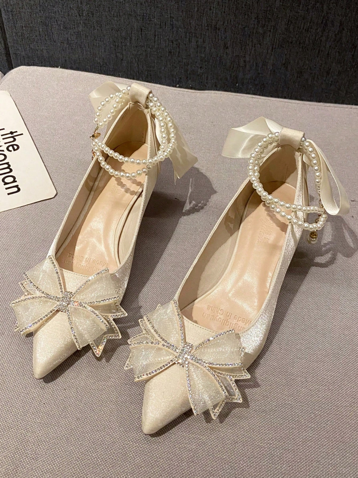 Shiny Pearl One-Word Anklet Clip Elegant Mary Jane Shoes Bowknot Fresh Design Women's High Heels Slip-On