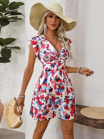 Shirred Floral Print Gathered Waist Woven Cap Sleeve A-Line Short Dress