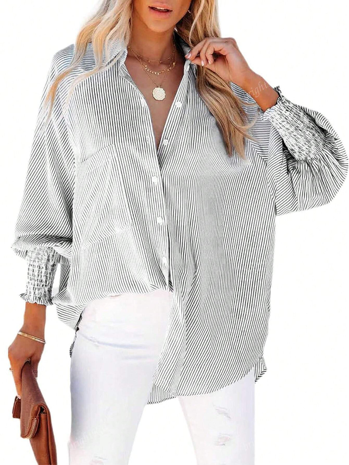 Shirt Collar Button Front Long Sleeve Striped Top, Casual For Everyday Wear
