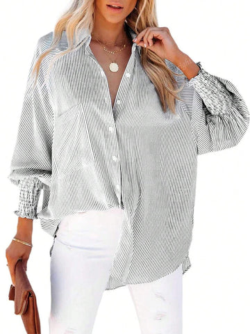 Shirt Collar Button Front Long Sleeve Striped Top, Casual For Everyday Wear