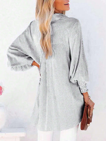 Shirt Collar Button Front Long Sleeve Striped Top, Casual For Everyday Wear