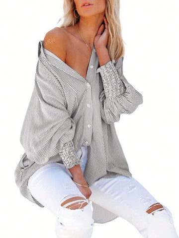 Shirt Collar Button Front Long Sleeve Striped Top, Casual For Everyday Wear