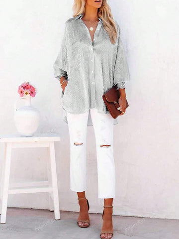 Shirt Collar Button Front Long Sleeve Striped Top, Casual For Everyday Wear