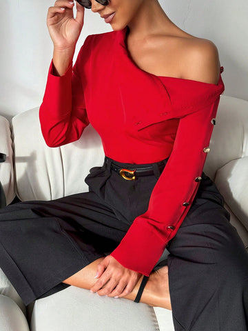 Shirt Long Sleeve Red Valentine's Day Off Shoulder Or Senior Sleeve Button Women