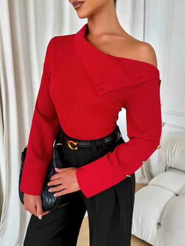 Shirt Long Sleeve Red Valentine's Day Off Shoulder Or Senior Sleeve Button Women