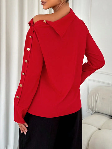Shirt Long Sleeve Red Valentine's Day Off Shoulder Or Senior Sleeve Button Women