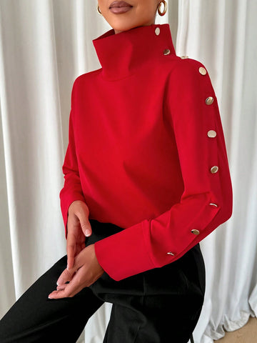 Shirt Long Sleeve Red Valentine's Day Off Shoulder Or Senior Sleeve Button Women
