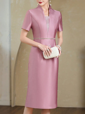 Short-Sleeved Wedding Mother Dress With Rhinestone Decoration, V-Neck And Cut-Out Design