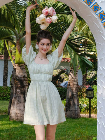 Short Dress With Pleated Bubble Sleeves And Square Neckline