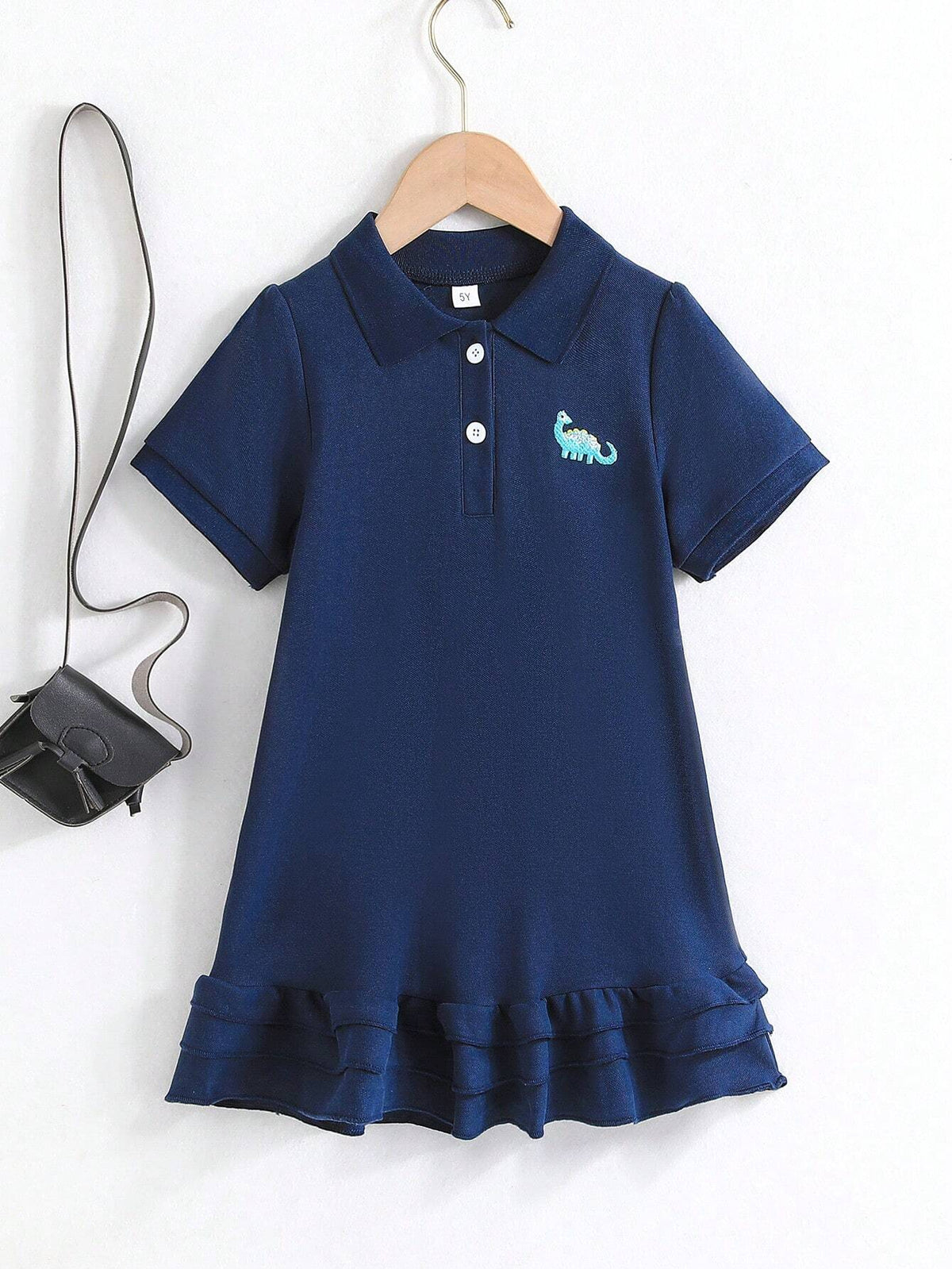 Short Sleeve Dinosaur Embroidery Layered Cake Dress, Casual Style For Young Girls