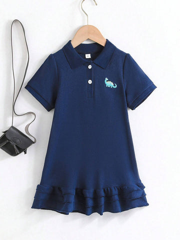 Short Sleeve Dinosaur Embroidery Layered Cake Dress, Casual Style For Young Girls