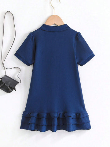 Short Sleeve Dinosaur Embroidery Layered Cake Dress, Casual Style For Young Girls