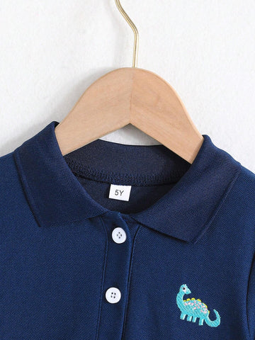 Short Sleeve Dinosaur Embroidery Layered Cake Dress, Casual Style For Young Girls