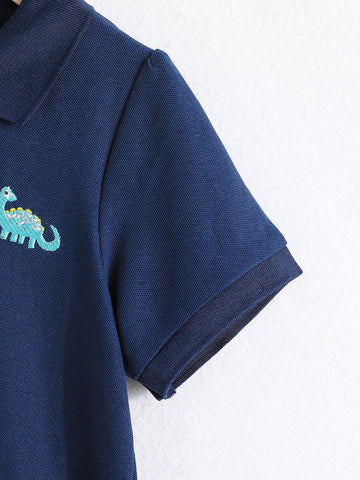 Short Sleeve Dinosaur Embroidery Layered Cake Dress, Casual Style For Young Girls