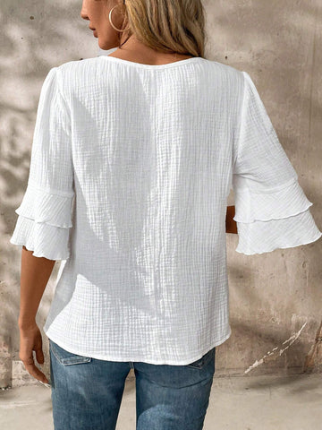 Short Sleeve V-Neck Casual Linen Blouse With Ruffled Hemline For Women