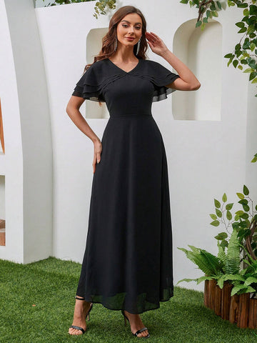 Short Sleeve V-Neck Chiffon Bridesmaid Dress With Slim Waist In Solid Color