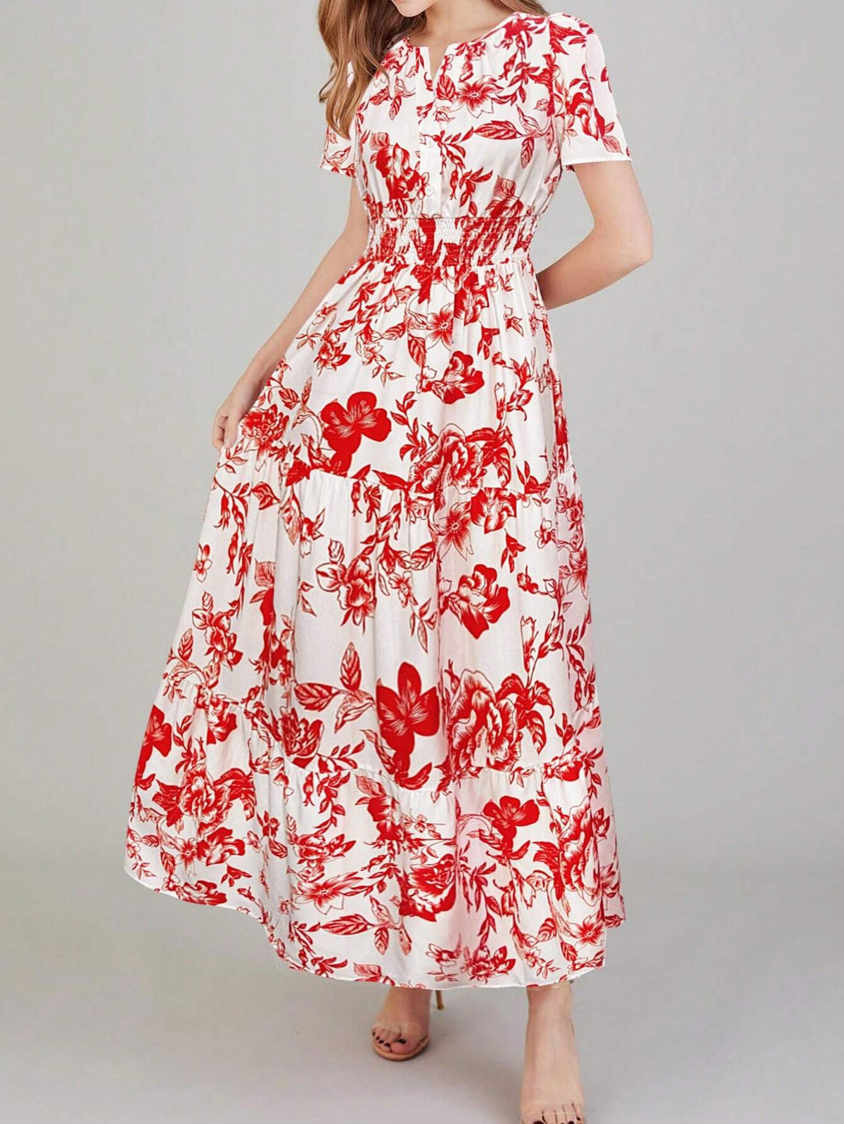 Short Sleeved Notched Neck Floral Printed Dress With Ruffled Hemline