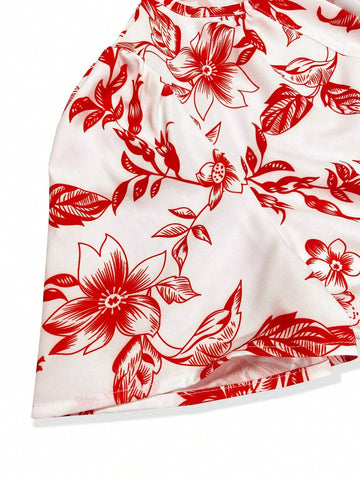 Short Sleeved Notched Neck Floral Printed Dress With Ruffled Hemline
