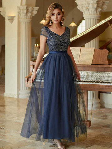 Short Sleeves Tulle Column Evening Dress Beaded Bridesmaid Dress
