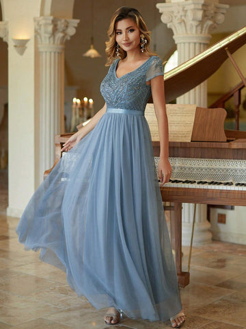 Short Sleeves Tulle Column Evening Dress Beaded Bridesmaid Dress