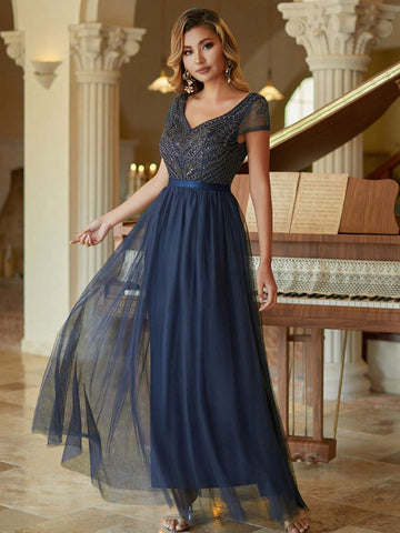 Short Sleeves Tulle Column Evening Dress Beaded Bridesmaid Dress