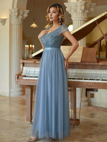 Short Sleeves Tulle Column Evening Dress Beaded Bridesmaid Dress