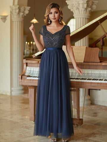 Short Sleeves Tulle Column Evening Dress Beaded Bridesmaid Dress