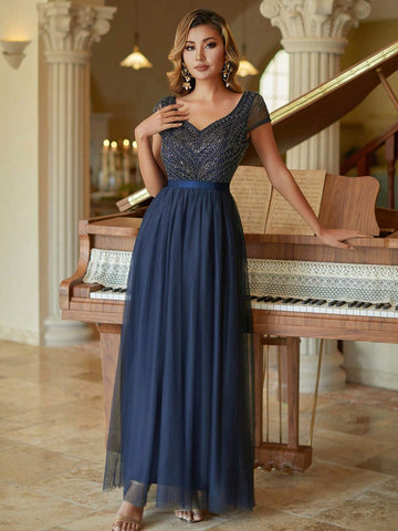 Short Sleeves Tulle Column Evening Dress Beaded Bridesmaid Dress