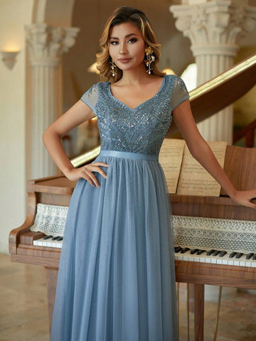Short Sleeves Tulle Column Evening Dress Beaded Bridesmaid Dress