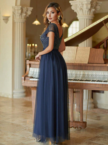 Short Sleeves Tulle Column Evening Dress Beaded Bridesmaid Dress