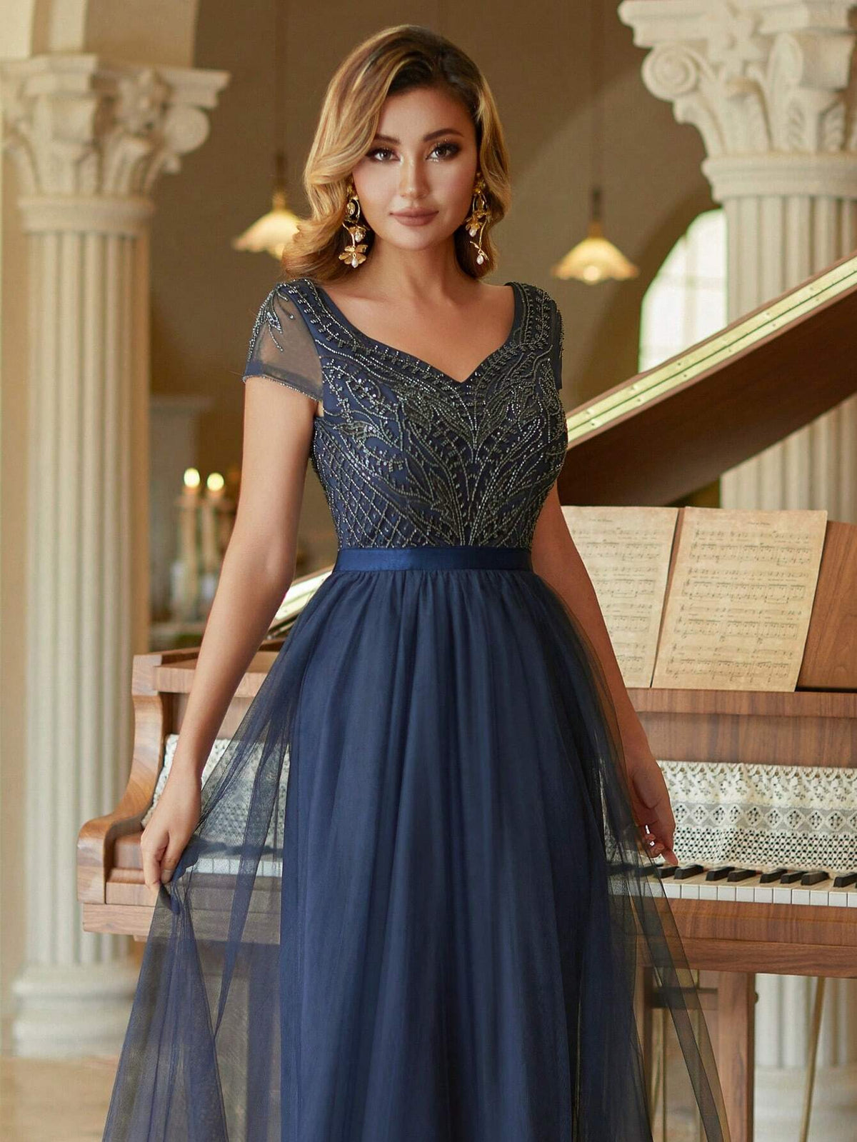 Short Sleeves Tulle Column Evening Dress Beaded Bridesmaid Dress