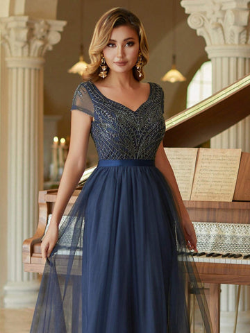 Short Sleeves Tulle Column Evening Dress Beaded Bridesmaid Dress