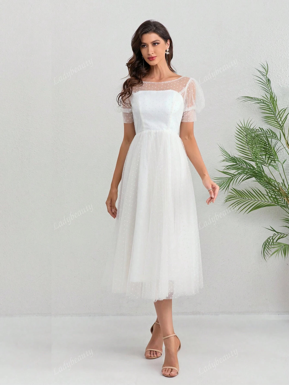 Short Wedding Dress Crew Neck Ankle Length Point Tulle Bridal Gown Short Sleeve Gorgeous Brides Graceful