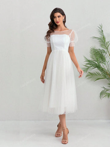 Short Wedding Dress Crew Neck Ankle Length Point Tulle Bridal Gown Short Sleeve Gorgeous Brides Graceful